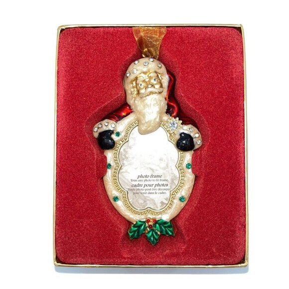Enamel Metal Rhinestones Christmas Ornament Picture Frame Santa Vintage Look - Picture 1 of 7
